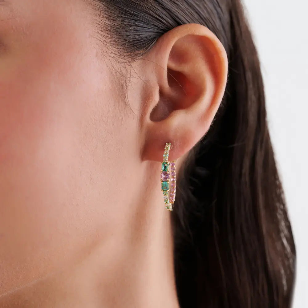 Precious Gemstone Emerald Pink Sapphire & Diamond Hoop Earrings 18K Yellow Gold Jewelry