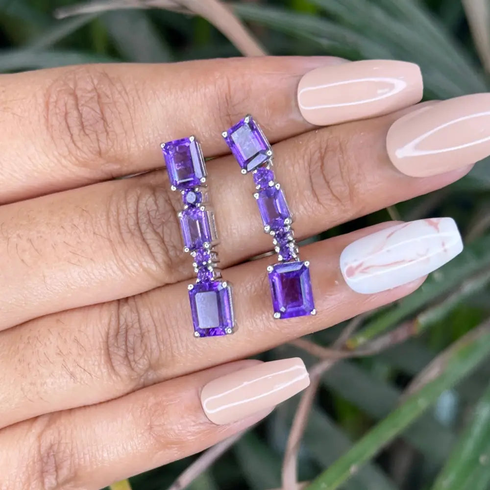 100% Authentic Purple Amethyst Dangle Earrings 925 Sterling Silver Jewelry