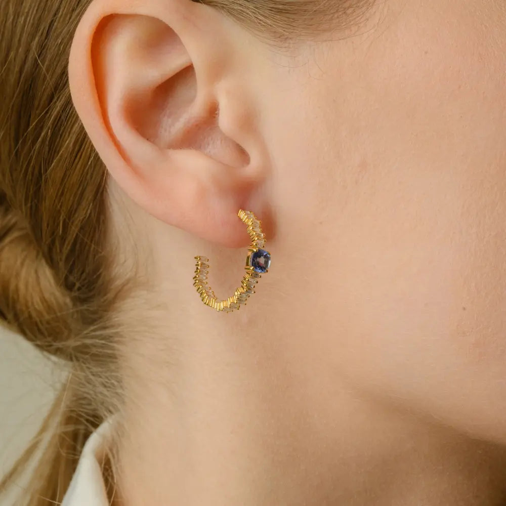 Handcrafted Natural Blue Sapphire & Diamond 14K Solid Yellow Gold C Hoop Earring