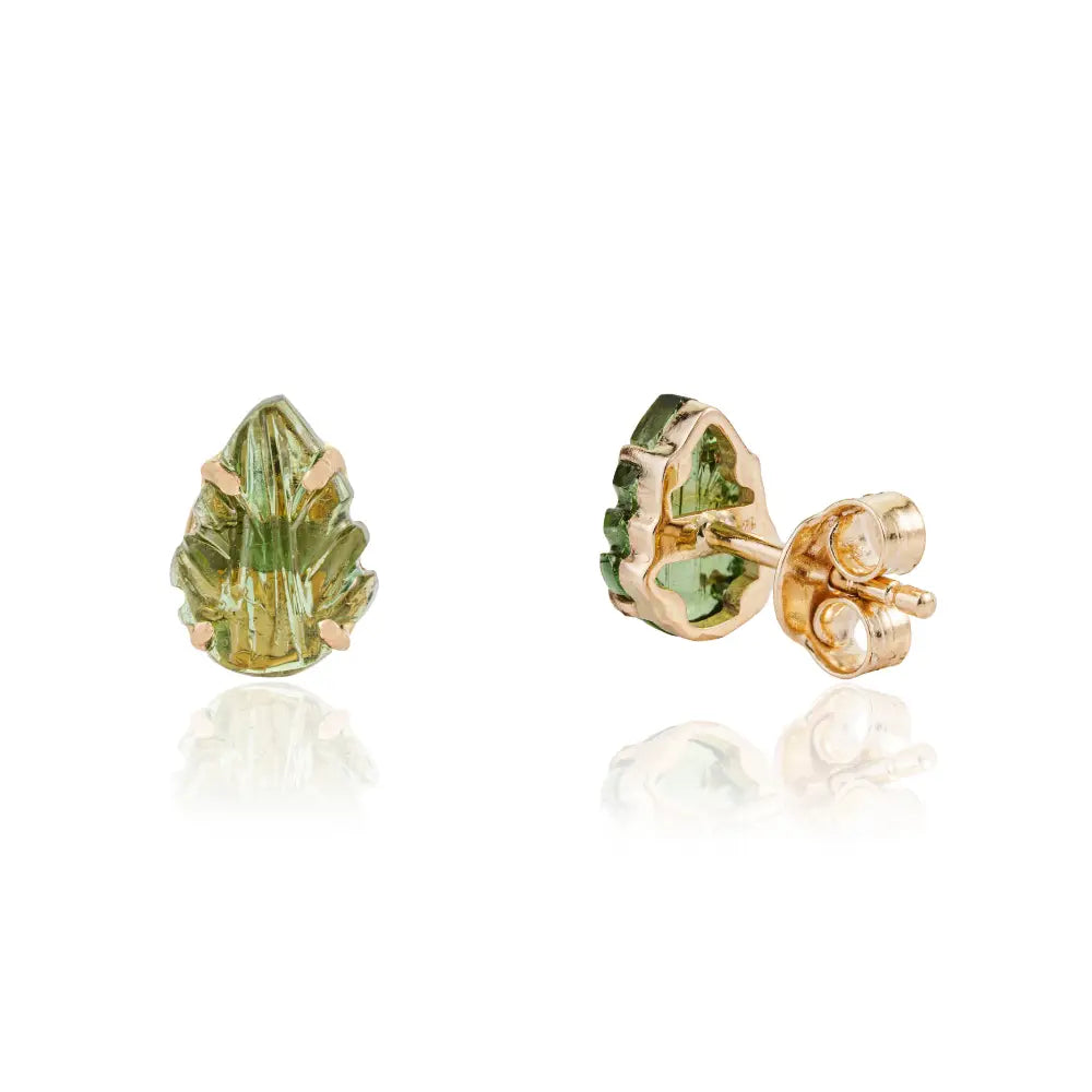 14K Yellow Gold Semi Precious Gemstone Green Tourmaline Carving Leaf Shape Stud Earrings