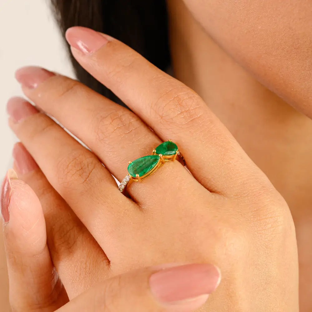 New Design Natural Emerald & Diamond Real 14K Yellow Gold Stackable Gemstone Ring