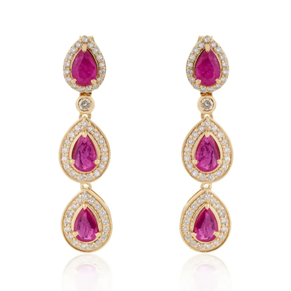 100% Real Ruby & Diamond Halo Teardrop Dangle Earrings Solid 14K Yellow Gold Jewelry