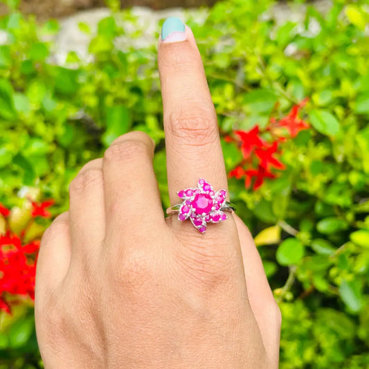 Premium Quality Round Cut Ruby Flower Ring For Valentine's Day Gift Set In Prong Setting 925 Sterling Silver