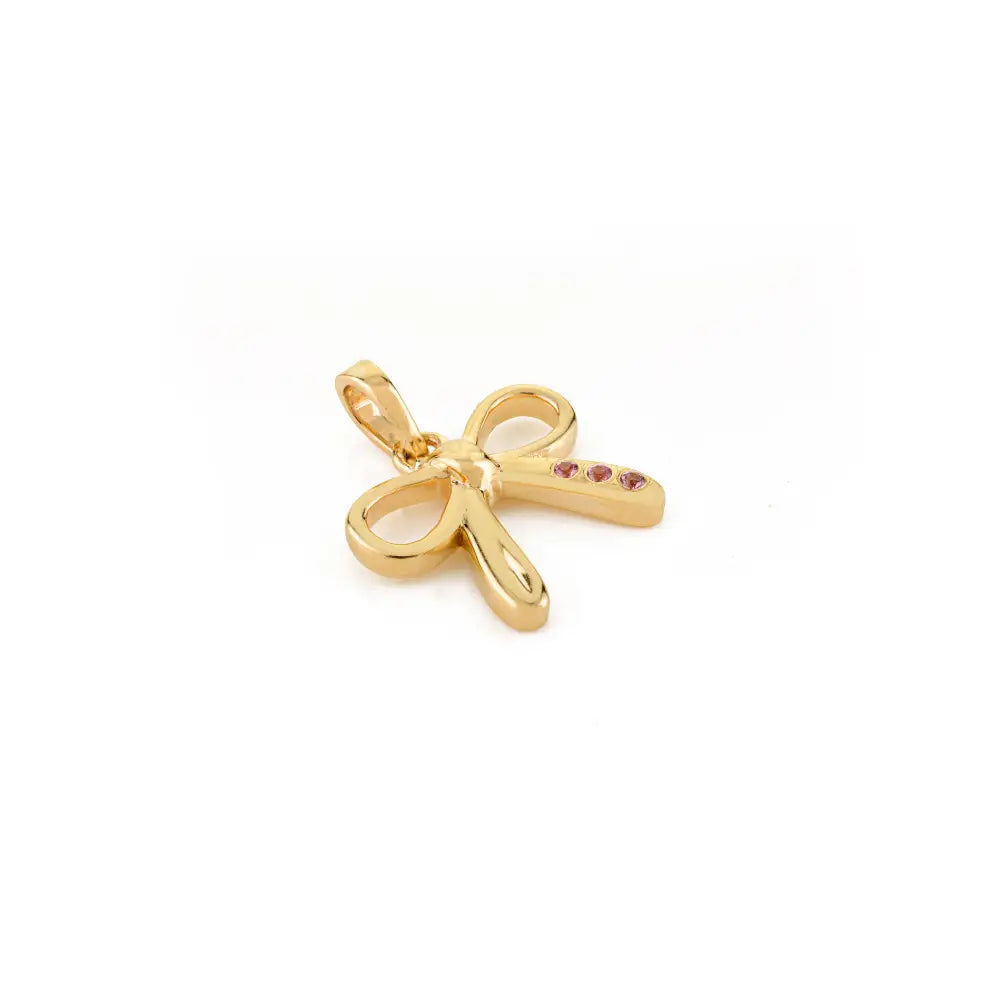 Elegant Classis Style 14K Solid Yellow Gold Pink Sapphire Bow Pendant Minimal Bulk Jewelry