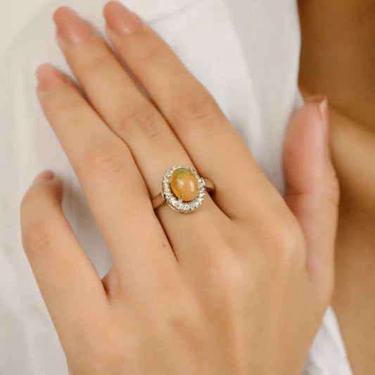 18K White Gold Real Gemstone Ethiopian Opal & Diamond Ring