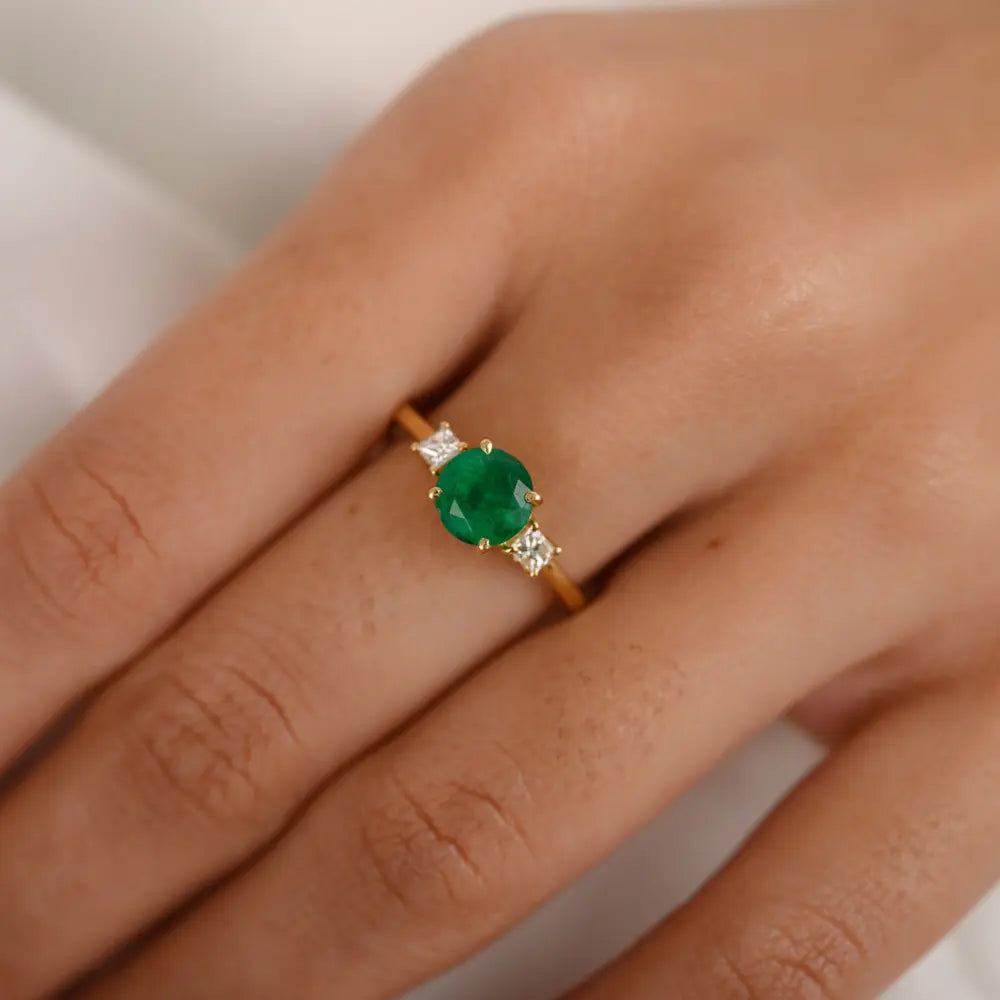 Trending Jewelry Emerald & Diamond 14K Yellow Gold Engagement Ring