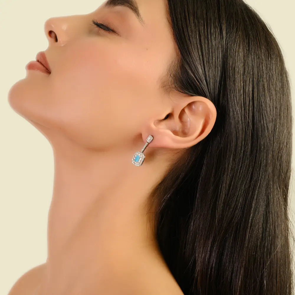 Turquoise & Diamond Convertible Stud-and-Drop Earrings For Women 14K Solid White Gold