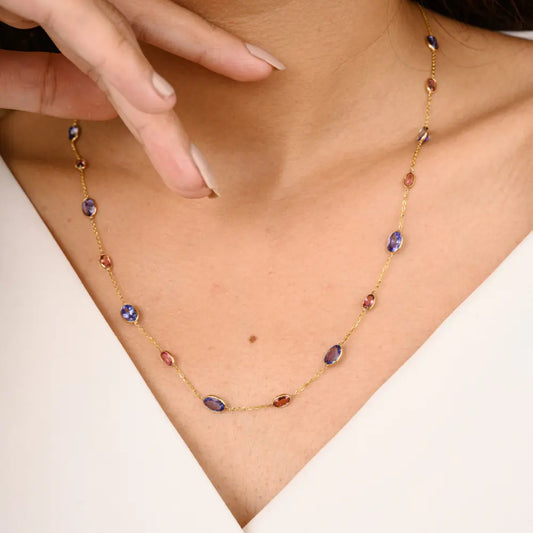 Tanzanite & Pink Tourmaline 18K Yellow Gold Handmade Long Chain Necklace