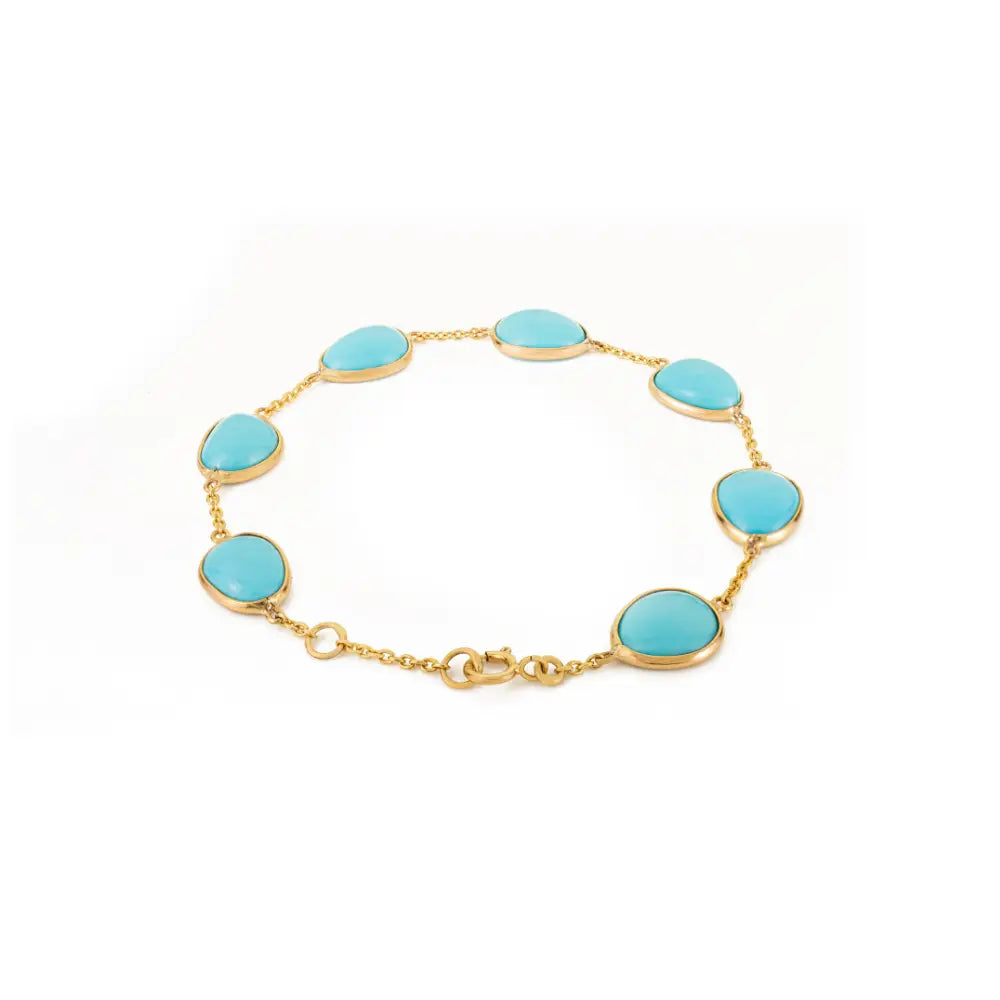 Dainty Bezel Set Turquoise Gemstone Simple Station Bracelet K14 Real Yellow Gold Jewelry