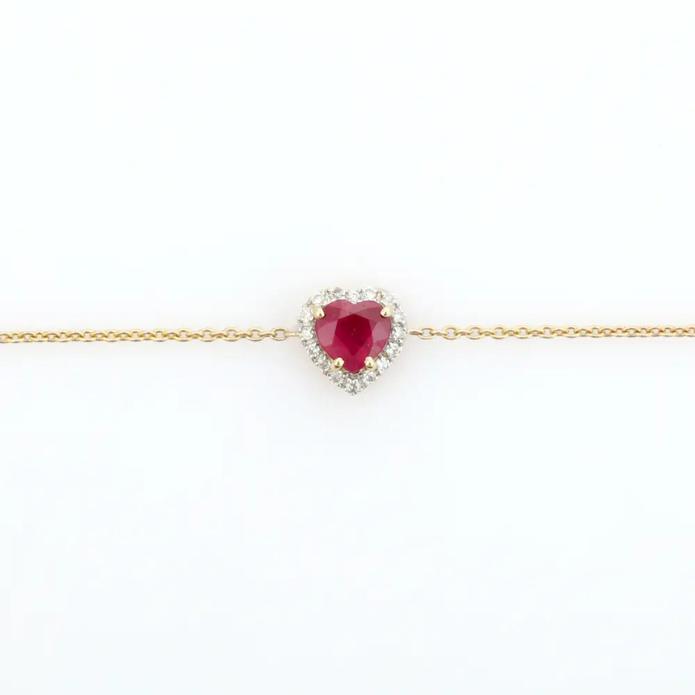 Spring Lock 100% Genuine Ruby & Diamond 14K Solid Gold Heart Shape Halo Bracelet Women