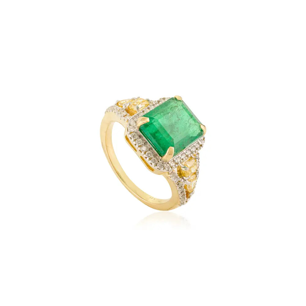Luxurious K14 Yellow Gold Emerald & Diamond Bold Statement Ring Custom Jewelry Supplier