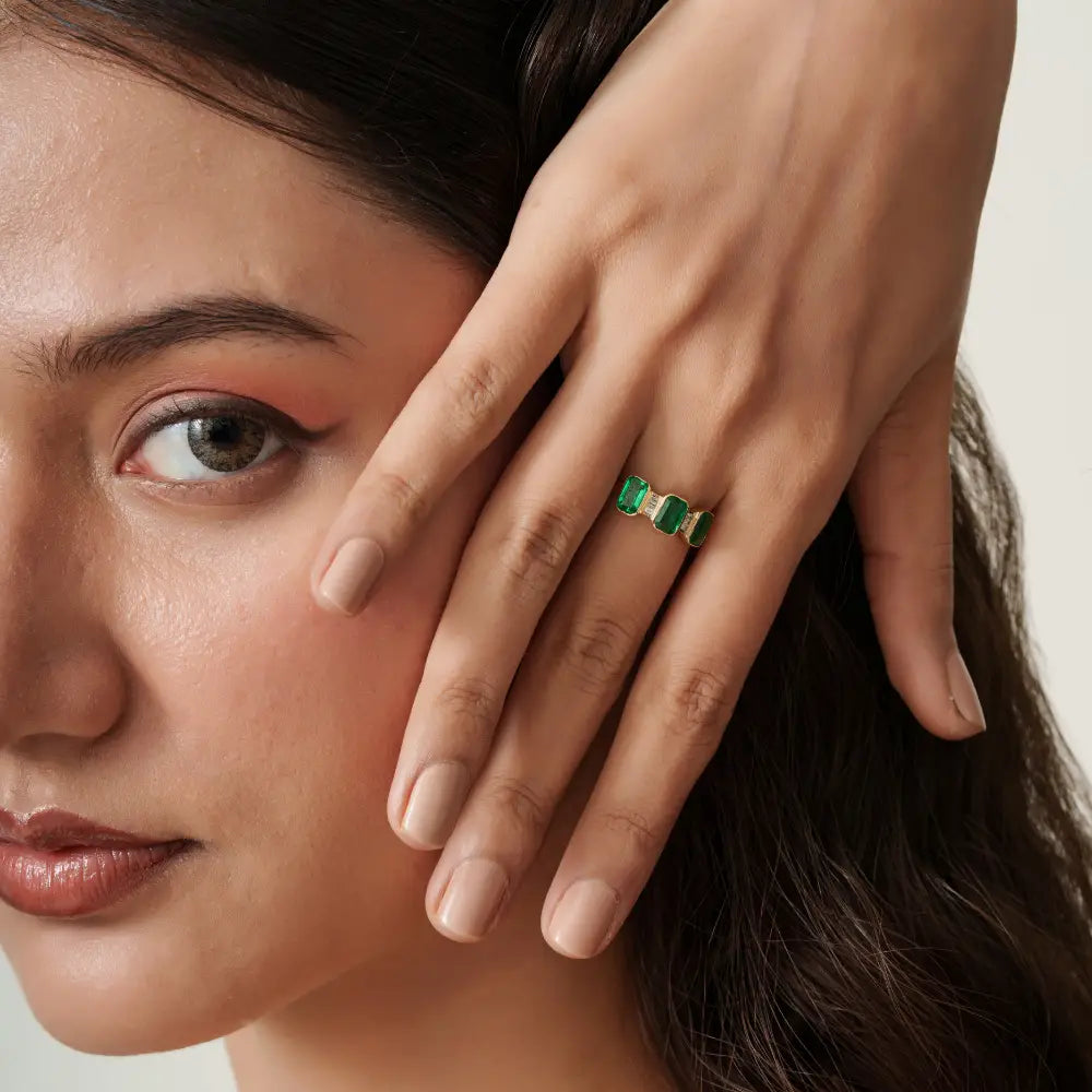 May Birthstone Natural Emerald & Diamond 14K Yellow Gold Three Stone Stackable Ring