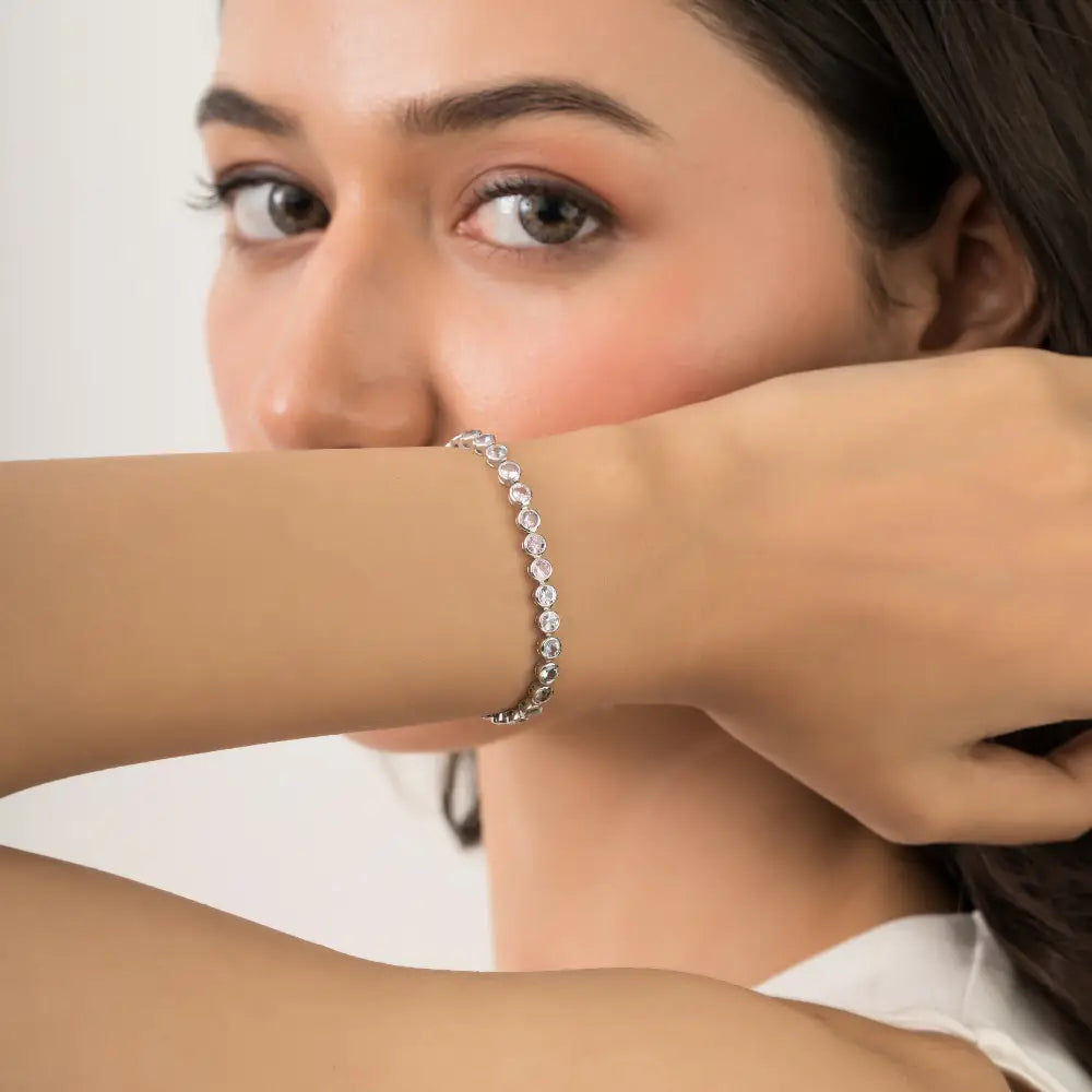 Round Cut Colorful Multi Sapphire Bezel Set Gemstone K14 White Gold Tennis Bracelet Unisex