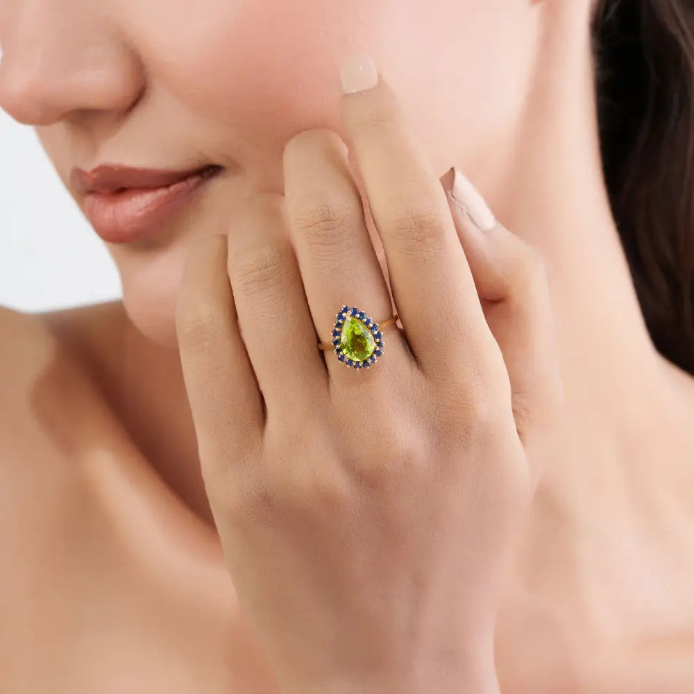 100% Natural Blue Sapphire & Peridot Real 18K Yellow Gold Pear Shape Cluster Ring