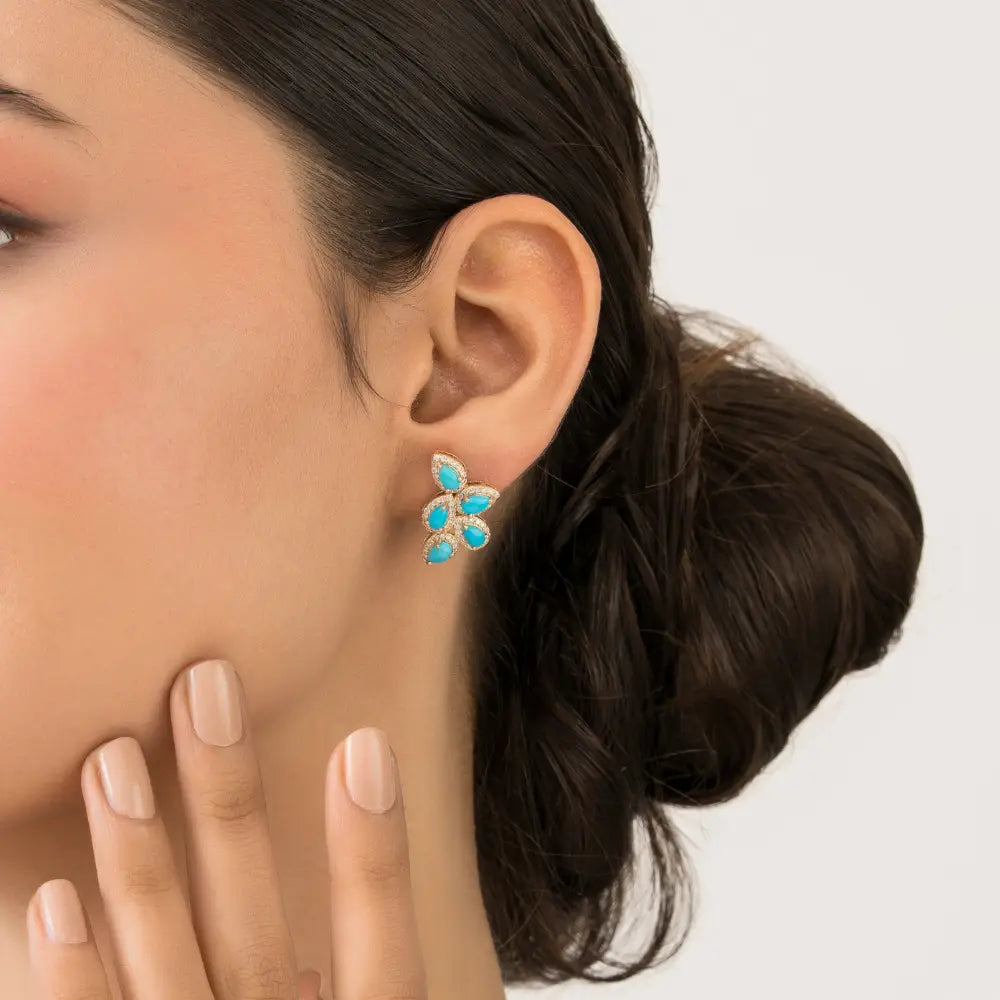 Unique Design Turquoise & Diamond Wings Shape Statement Stud Earrings K14 Real Gold Jewelry