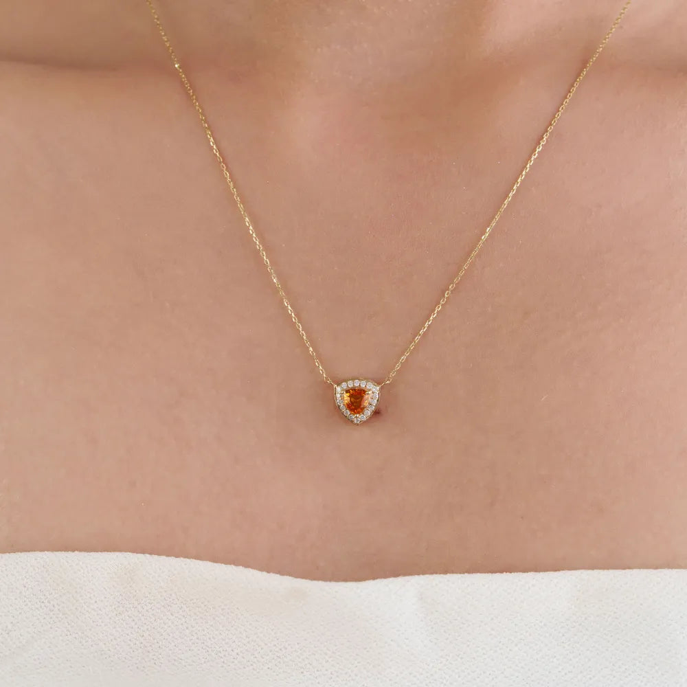 Semi Precious Gemstone Trillion Cut Citrine & Diamond Halo Pendant Necklce Minimal Jewelry 14K Real Yellow Gold