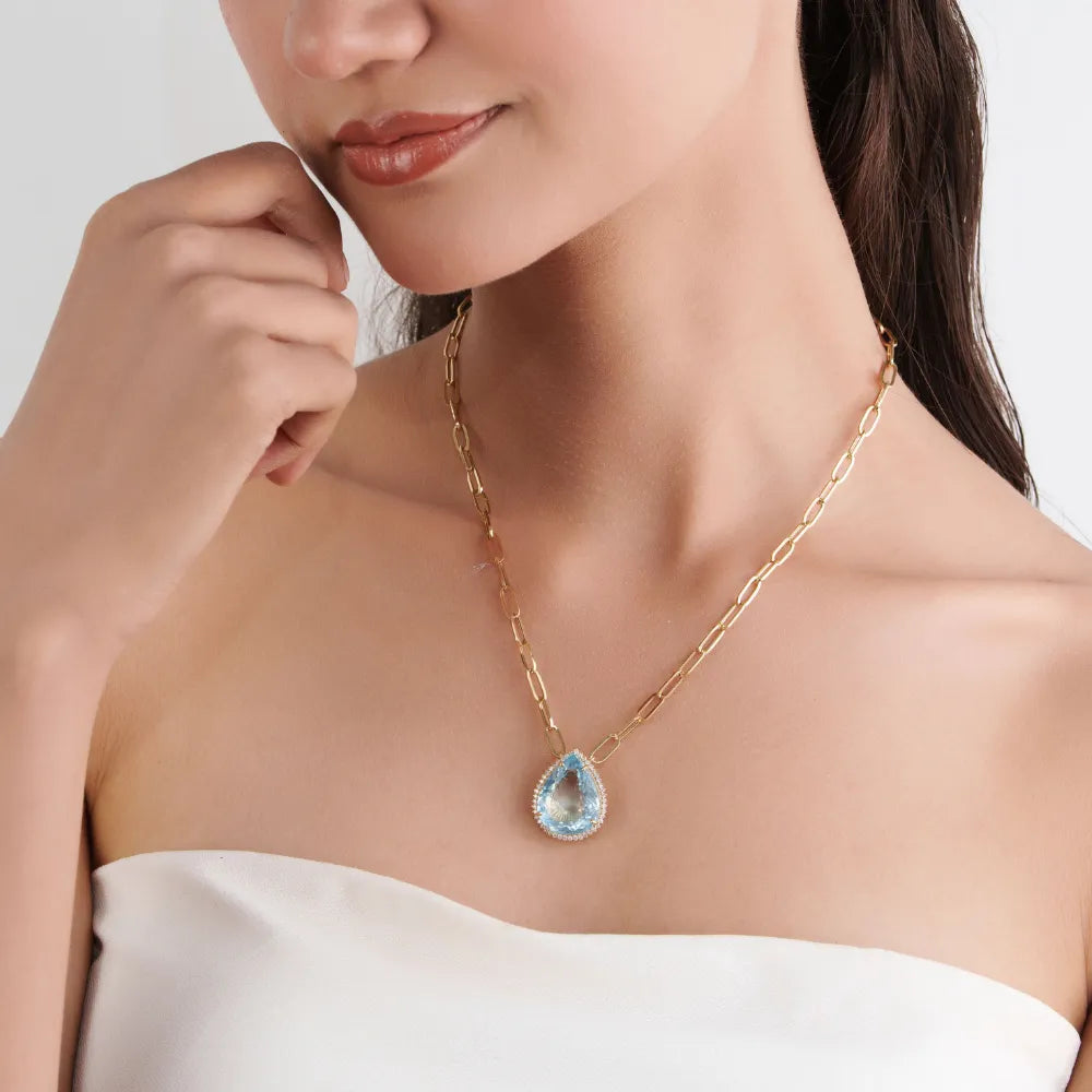 20x15mm Pear Cut Aquamarine & Diamond Paperclip Chain Cluster Pendant Necklace Bold Jewelry Supplier
