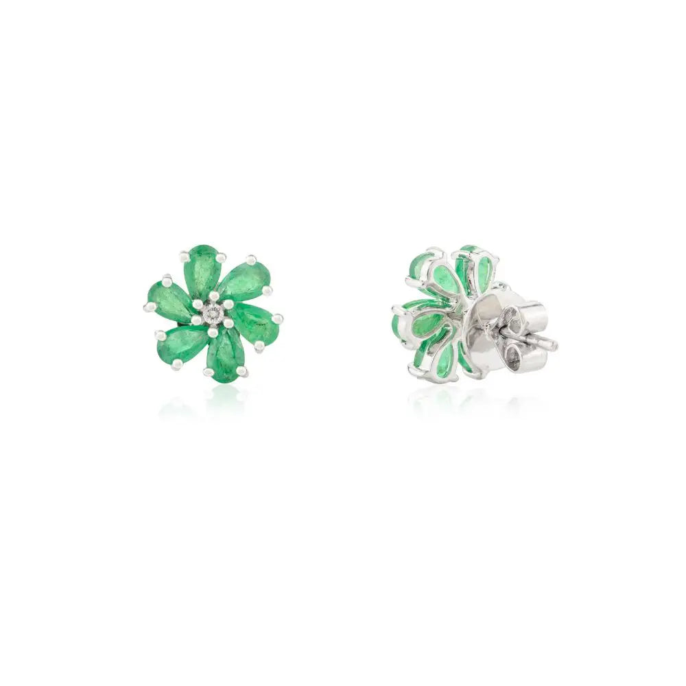 Everyday Jewelry Pear Cut Emerald & Diamond White Gold Flower Stud Earrings