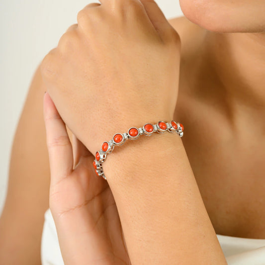 Box Lock Unique Design Handmade Real Coral & American Diamond Stackable Bracelet Round Cut