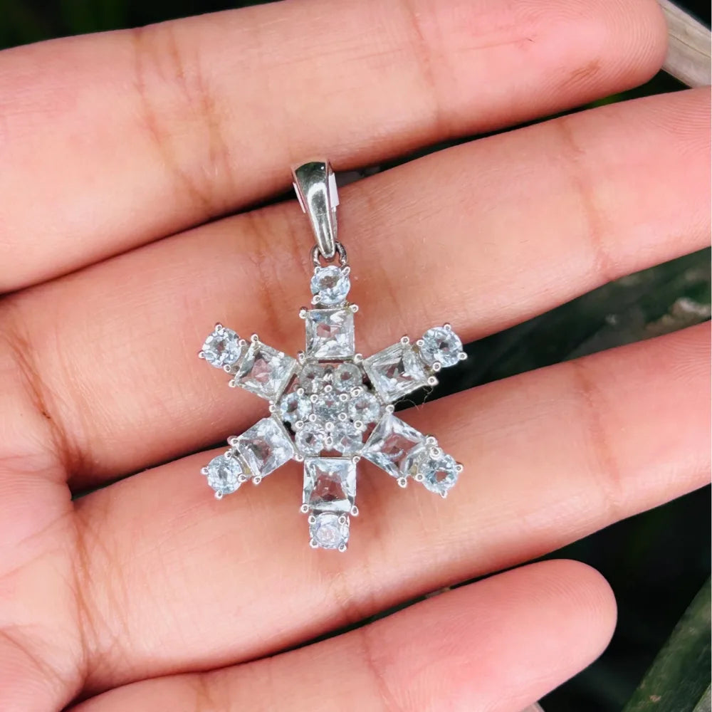 Semi Precious Gemstone Jewelry Aquamarine 925 Sterling Silver Flower Pendant March Birthstone