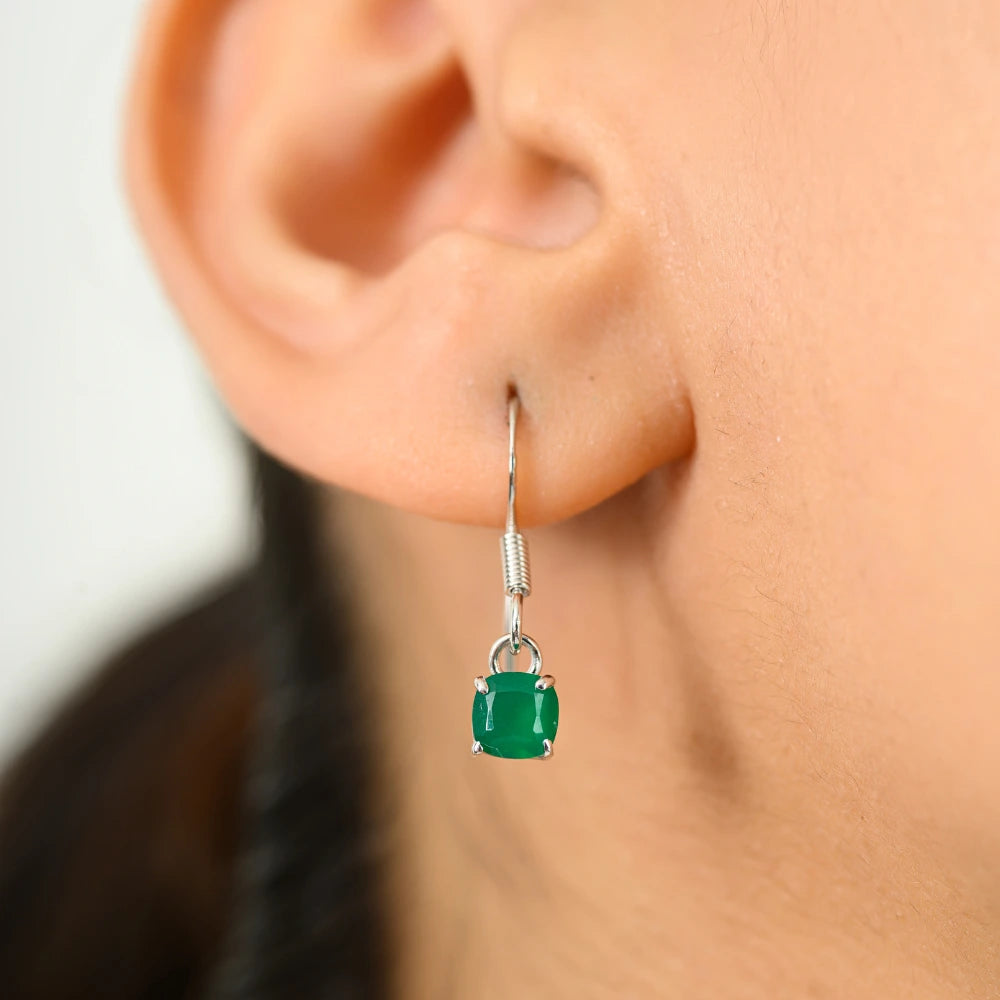 Cushion Shape Genuine Green Emerald May Birthstone Earrings Sterling Silver Jewelry