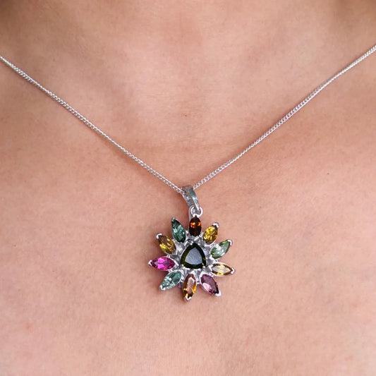 New Collection Fine Jewelry Genuine Multi Gemstone Flower Pendant With Prong Setting