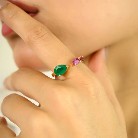 Unique Design Emerald & Diamond Three Stone Open Ring Unisex 14K Solid Yellow Gold