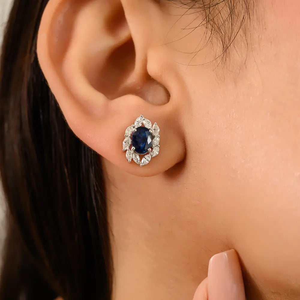 14K Solid Gold Oval Blue Sapphire & Marquise Diamond Designer Stud Earrings For Women