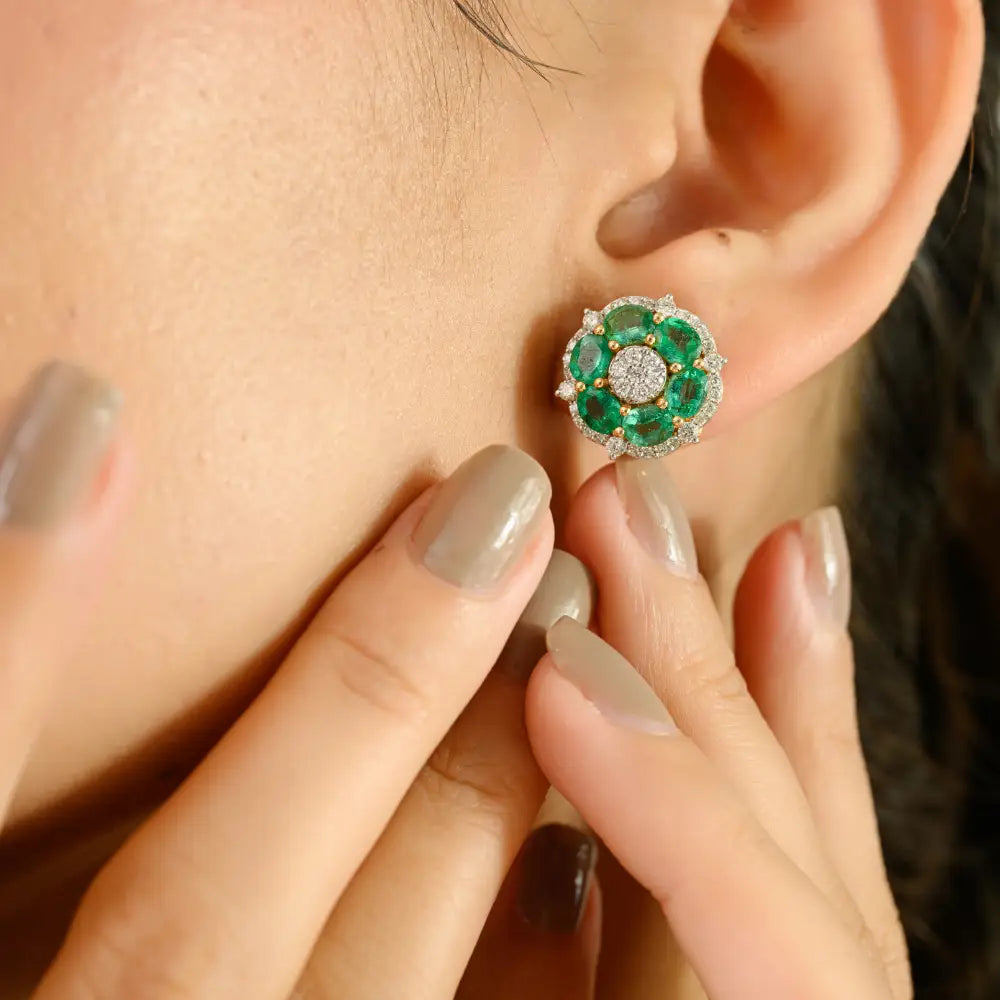 Flower Inspired Emerald & Diamond Statement Stud Earrings Fine 18K Yellow Gold Jewelry