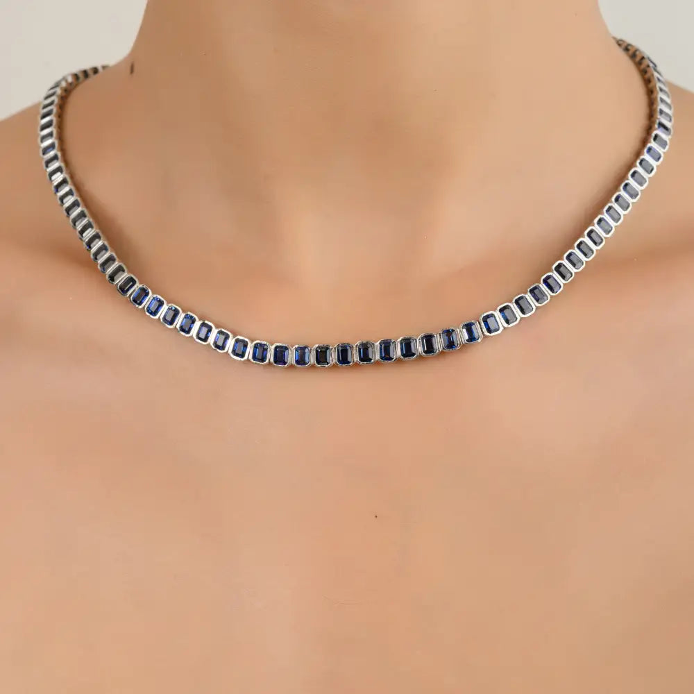 K18 Solid White Gold 100% Authentic Octagon Shape Blue Sapphire Tennis Necklace