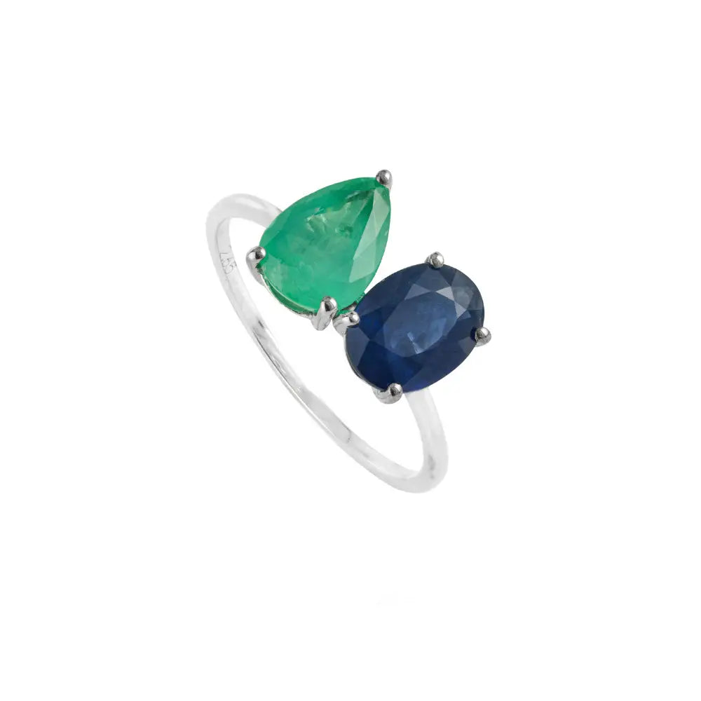Real K14 White Gold Precious Gemstone Emerald & Blue Sapphire Toi et Moi Stackable Ring