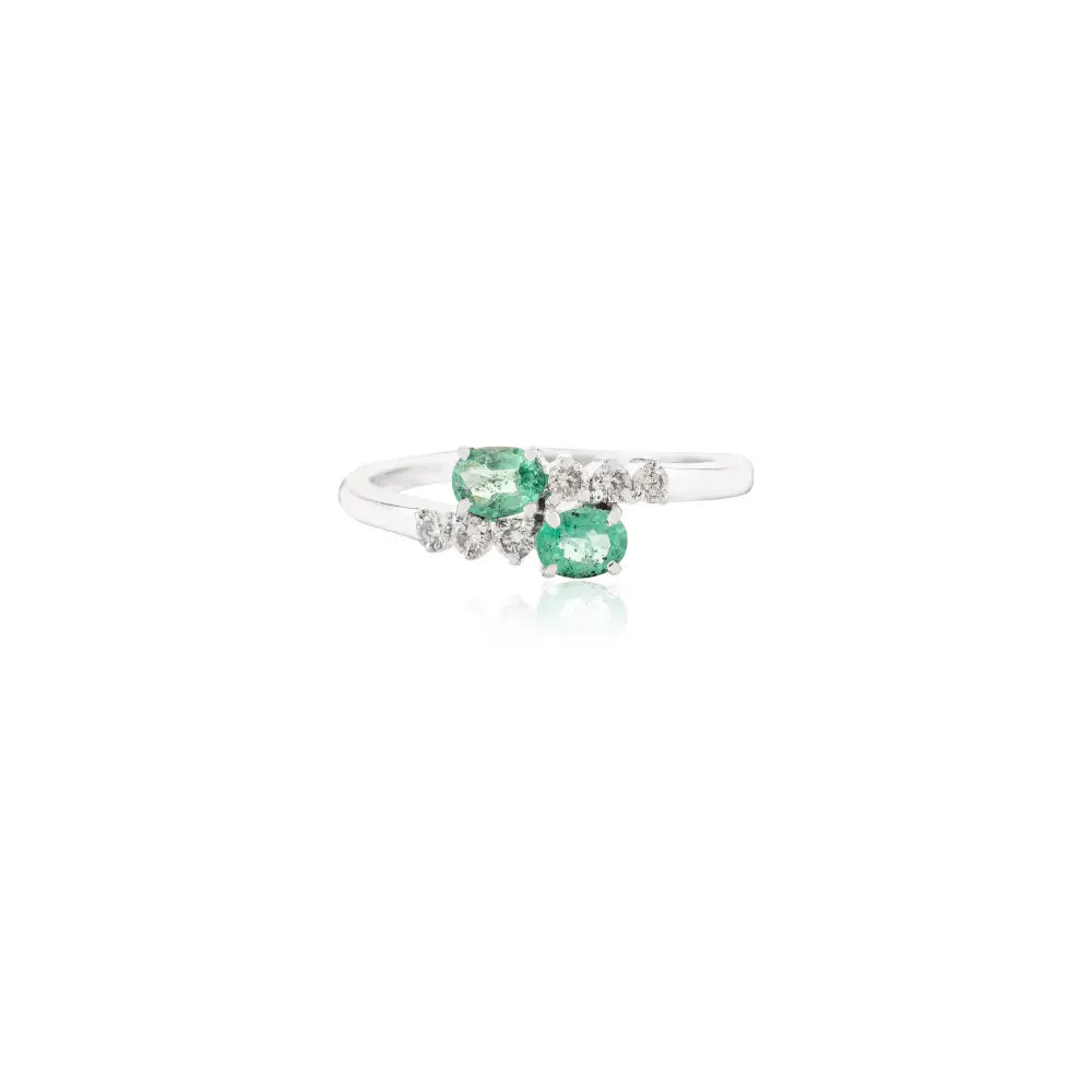 High Quality Products Natural Emerald & Diamond 14K White Gold Bypass Ring