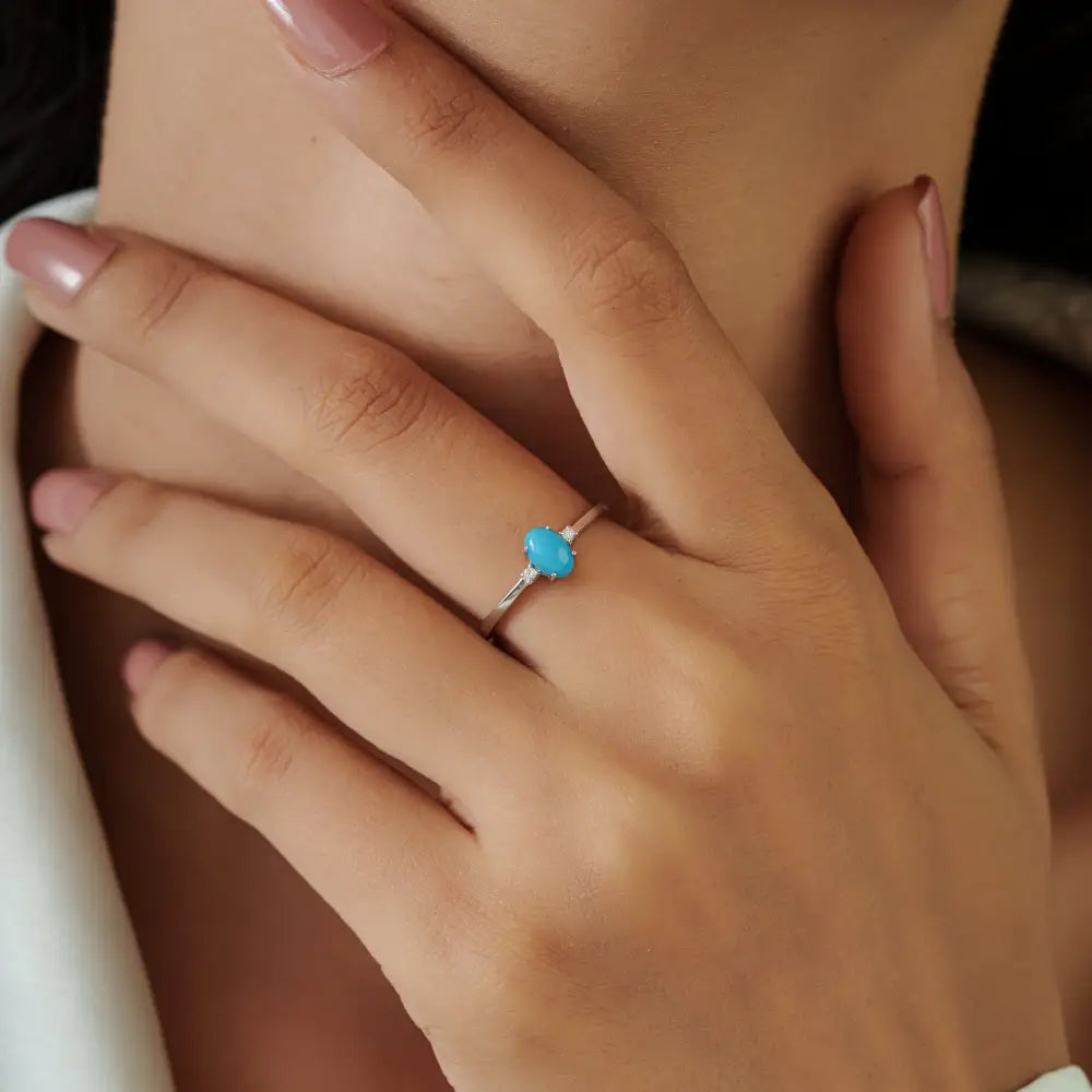 Minimal Cabochon Cut Turquoise & Diamond 14K Solid White Gold Gemstone Ring Daily Wear
