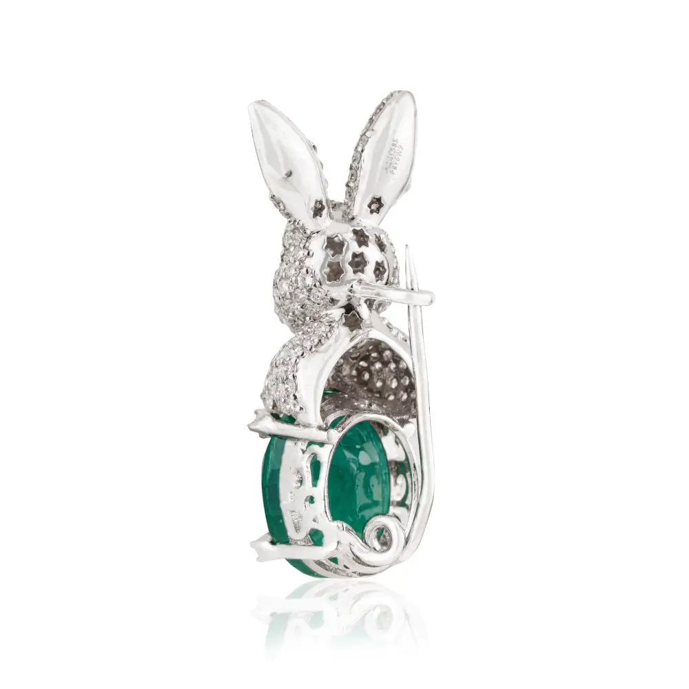 Unique Design Handmade Emerald & Diamond 14K White Gold Bunny Rabbit Brooch For Men