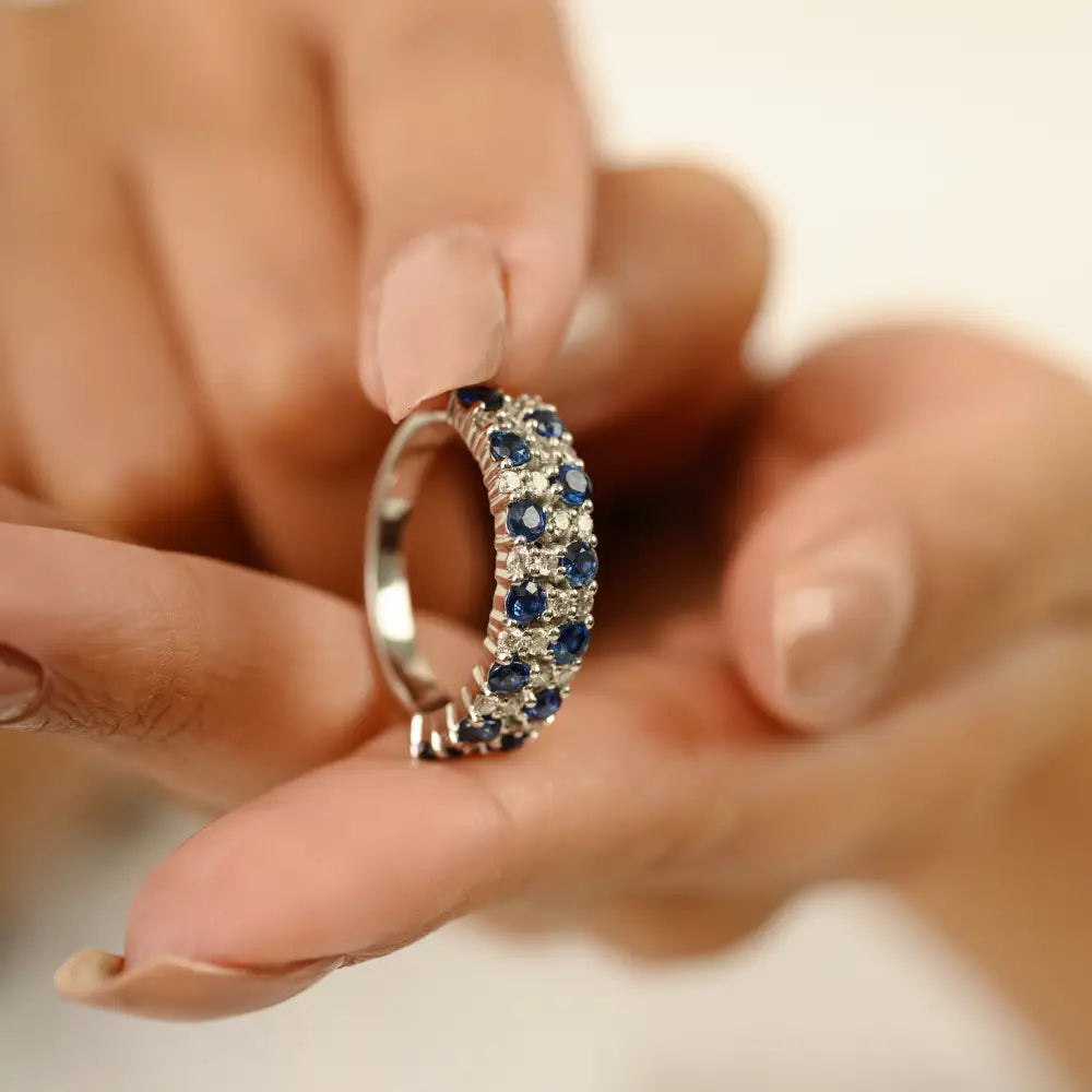 Statement Luxury Blue Sapphire & Diamond 18K Real White Gold Wedding Band Ring Unisex