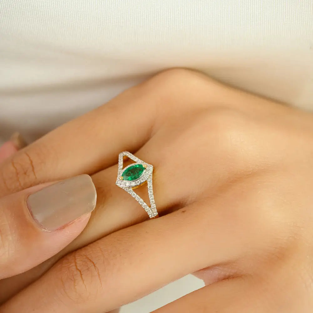 Marquise Cut Emerald & Diamond 18K Yellow Gold Split Shank Stackable Ring Handmade Jewelry
