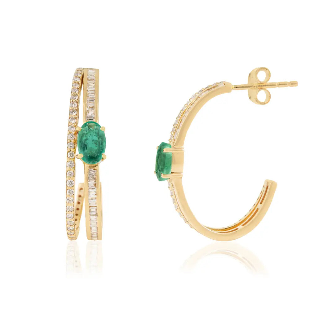 Customized Emerald & Diamond K14 Solid Yellow Gold C Shape Hoop Earrings For Women