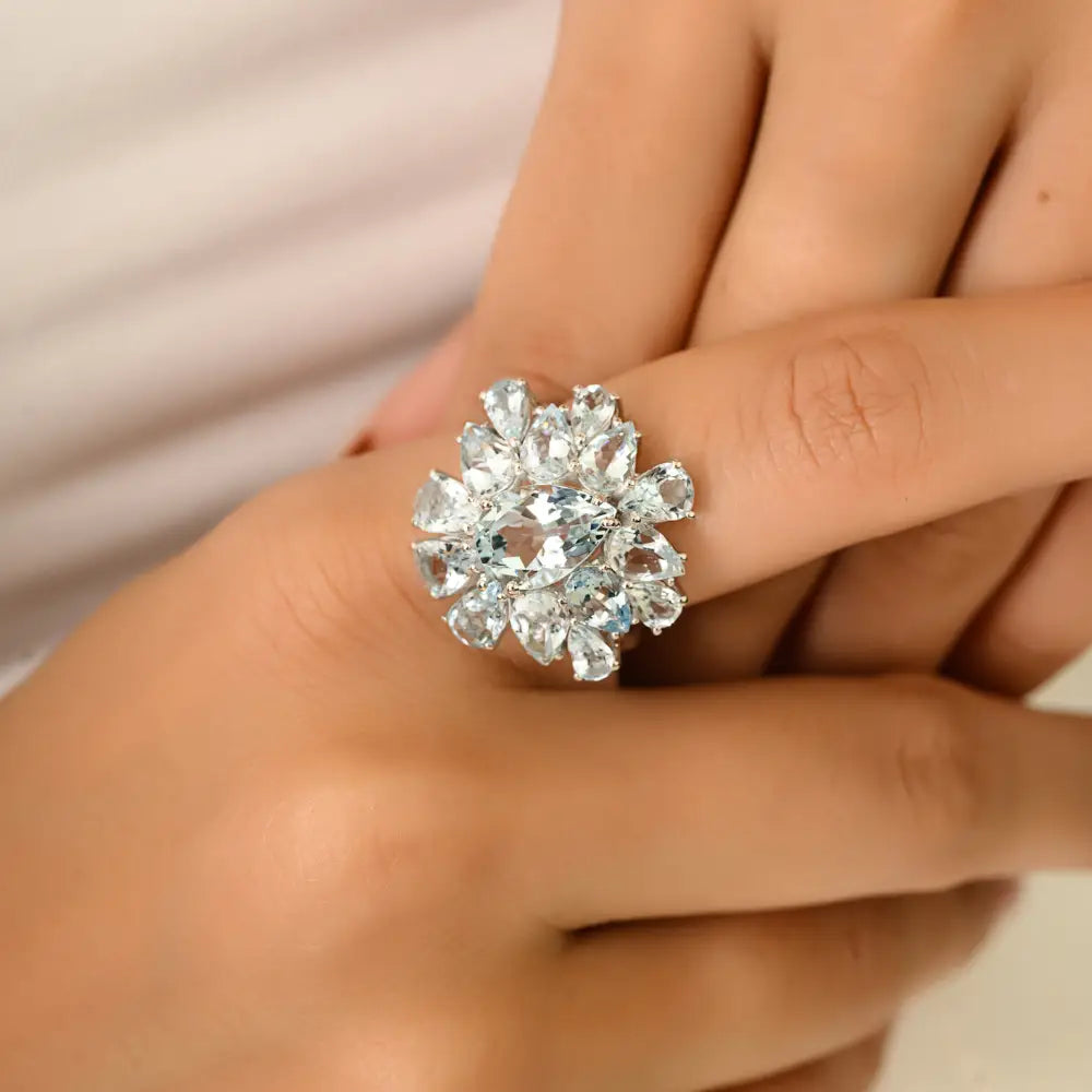 Gorgeous Aquamarine Gemstone Cocktail Ring For Women Party Wear Jewelry K14 Gold