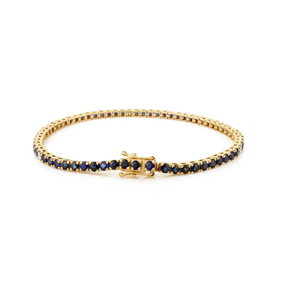14K Pure Yellow Gold Round Cut Blue Sapphire & Diamond Tennis Bracelet Trending Jewelry