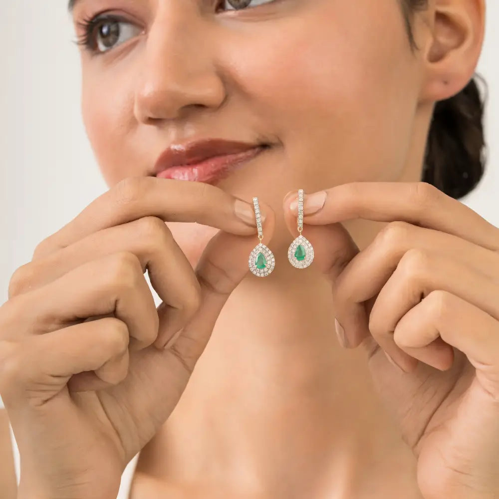 Pear Shape Emerald & Diamond Double Cluster Hoop Drop Earrings 14K Pure Yellow Gold Jewelry
