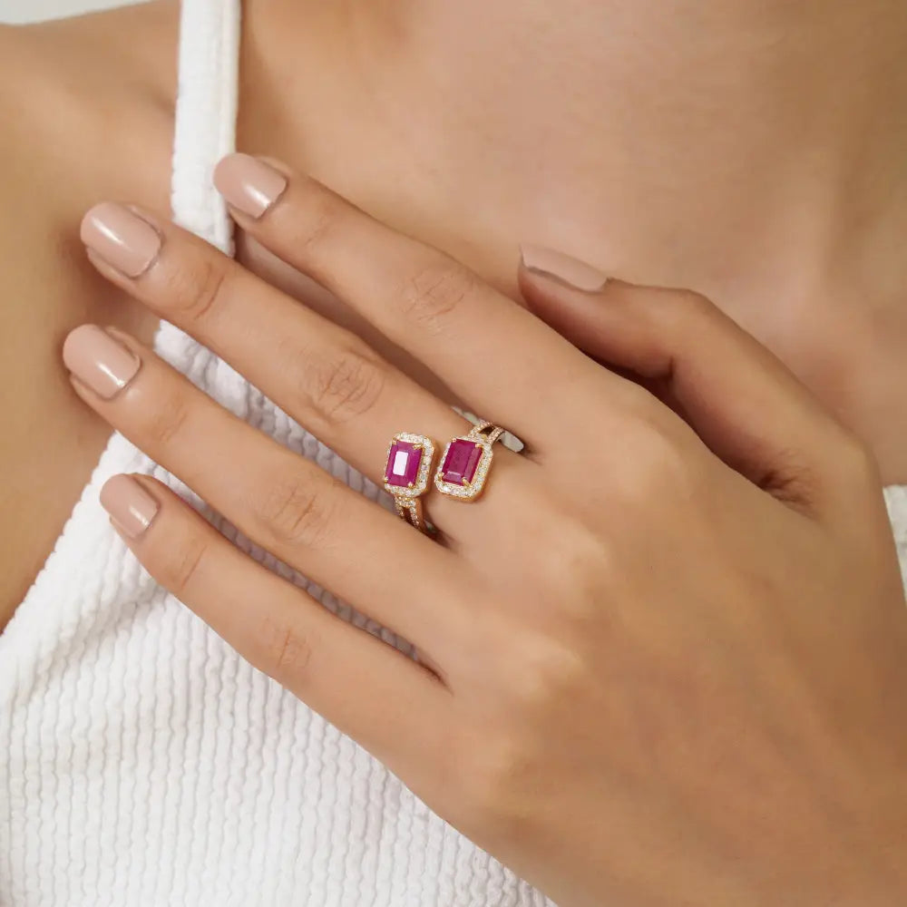 Ruby & Diamond 14K Solid Yellow Gold Fine Split Shank Halo Bypass Ring For Wedding Jewelry