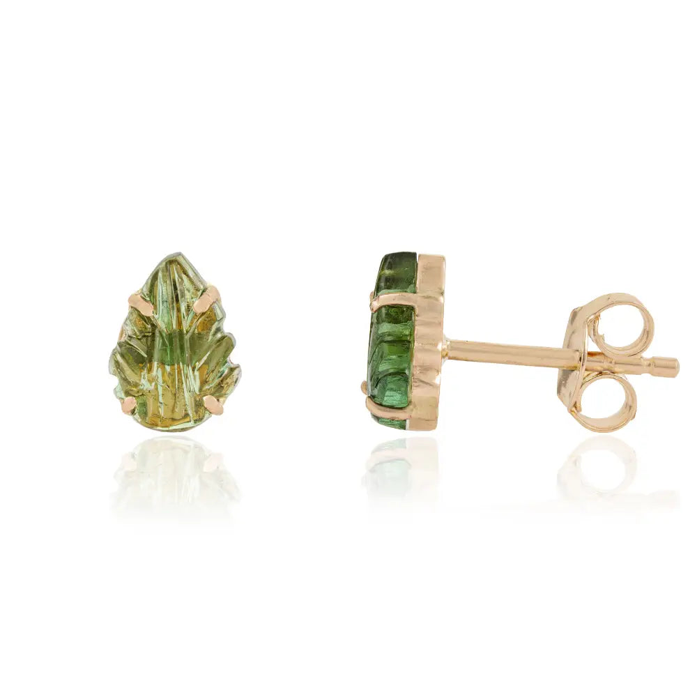 14K Yellow Gold Semi Precious Gemstone Green Tourmaline Carving Leaf Shape Stud Earrings