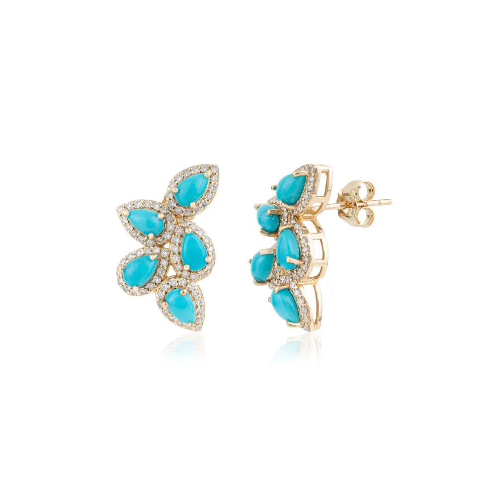 Unique Design Turquoise & Diamond Wings Shape Statement Stud Earrings K14 Real Gold Jewelry