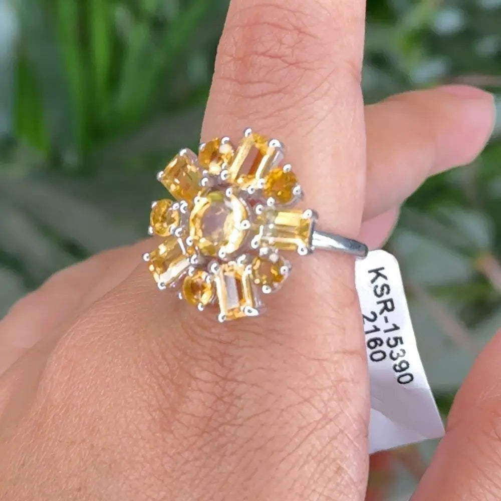 Semi Precious Gemstone Jewelry 925 Sterling Silver Citrine Flower Cocktail Ring For Women's