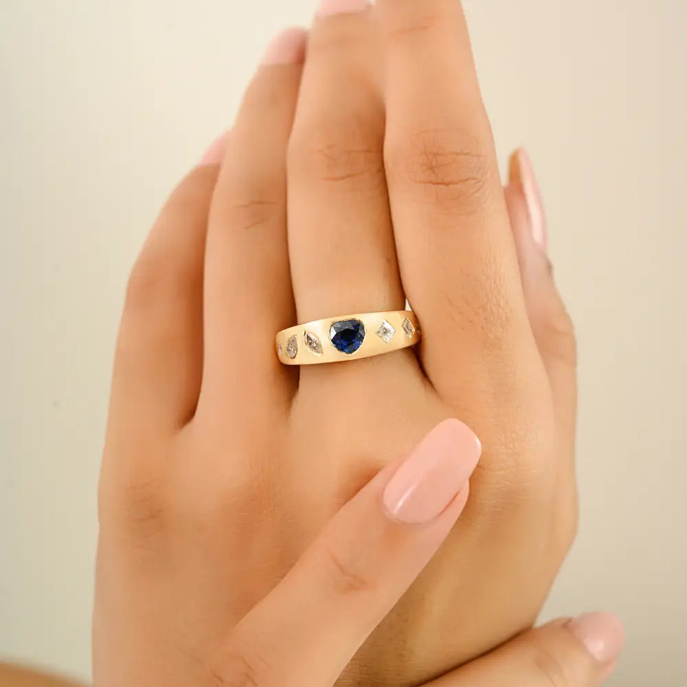 Heart Shape Blue Sapphire & Diamond Gypsy Set Signet Ring Solid K18 Yellow Gold Trendy Jewelry