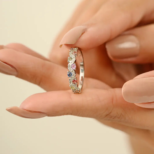 Colorful Multi Sapphire & Diamond 14K White Gold Wavy Design Half Eternity Band Ring Unisex