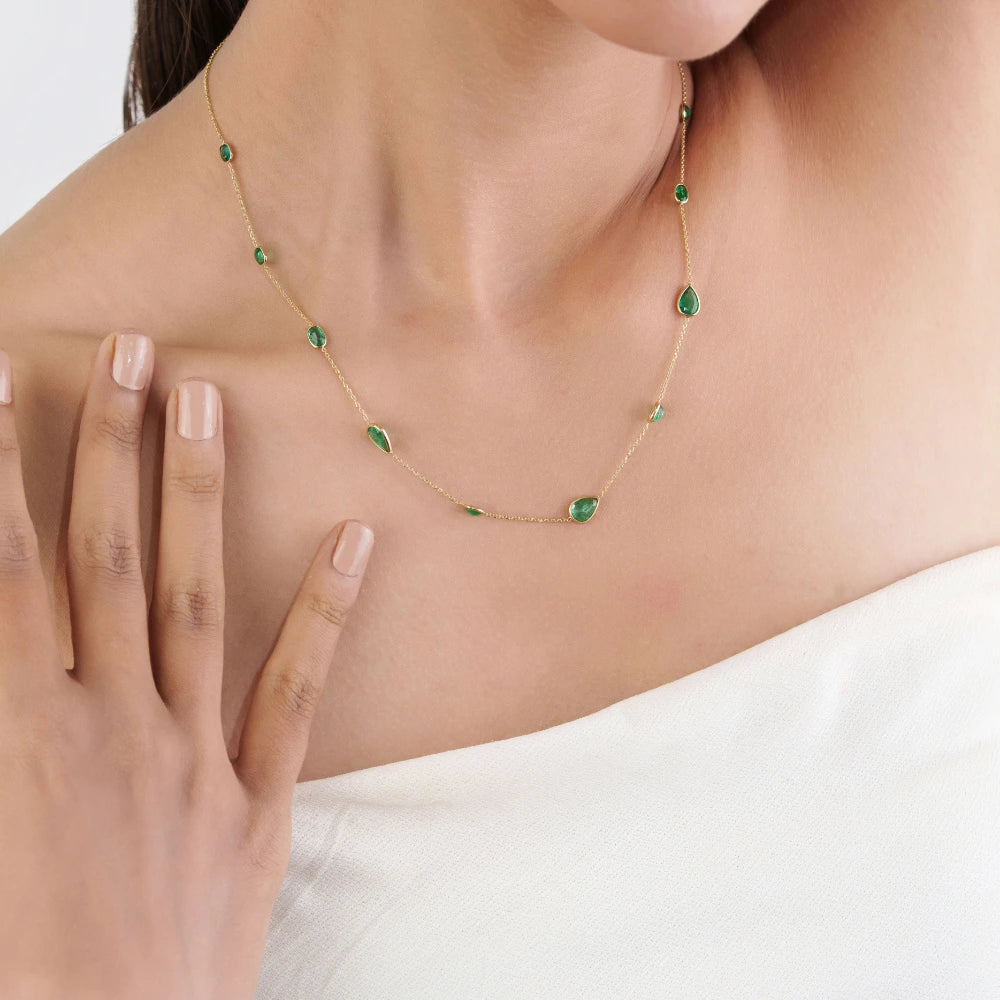Bezel Set Emerald Gemstone Station Chain Necklace 14K Real Yellow Gold Stacking Jewelry Manufacturer