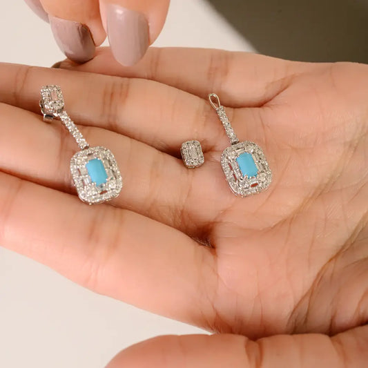 Turquoise & Diamond Convertible Stud-and-Drop Earrings For Women 14K Solid White Gold