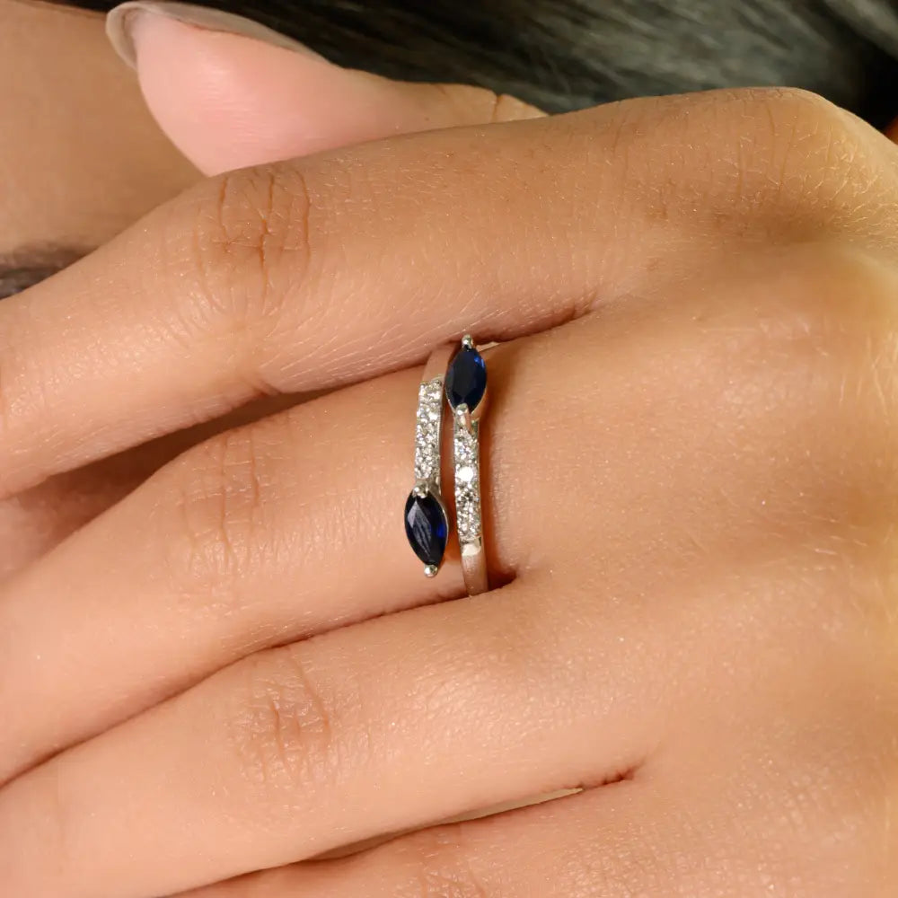 Customized Blue Sapphire & Diamond 14K Real Gold Handmade Bypass Rings Everyday Jewelry