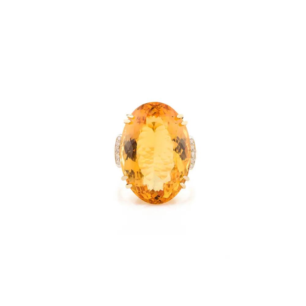 Oval Citrine & Round Diamond Solid 14K Yellow Gold Cocktail Ring November Birthstone Jewelry